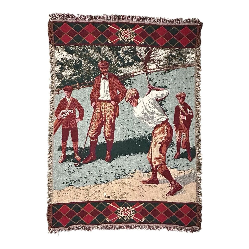 Vintage Goodwin Weavers Golf Throw Lap Blanket 67” x 48” Made In Usa Tapestry